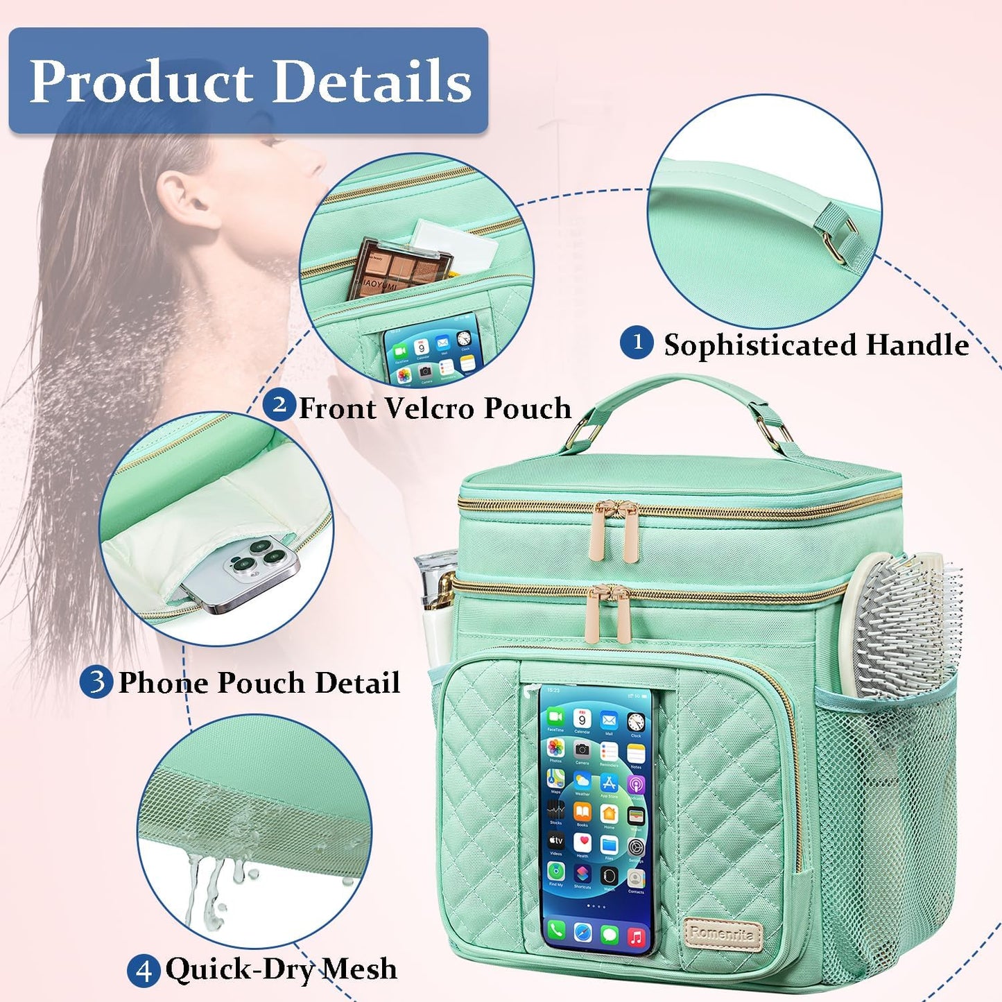 Large Toiletry Bag for Women Men,Waterproof Portable Shower Caddy for College Dorm,Bathroom Bag, Quick Dry Shower Bag Hanging Toiletry Bags for For Full Sized Toiletries And Cosmetics
