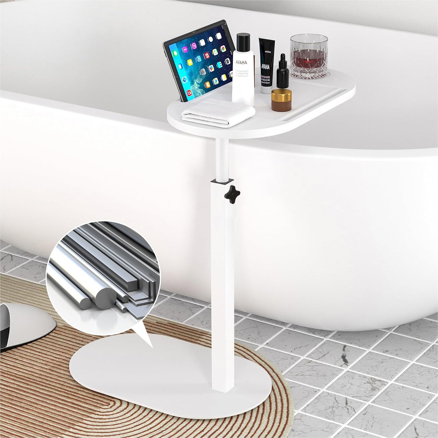 Forevich Bamboo Bathtub Tray Table Bath Side Table with Metal Base Adjustable Height, Portable Freestanding Caddy Tray Tub Shelf for Luxury Bath Home Spa White Table and White Base