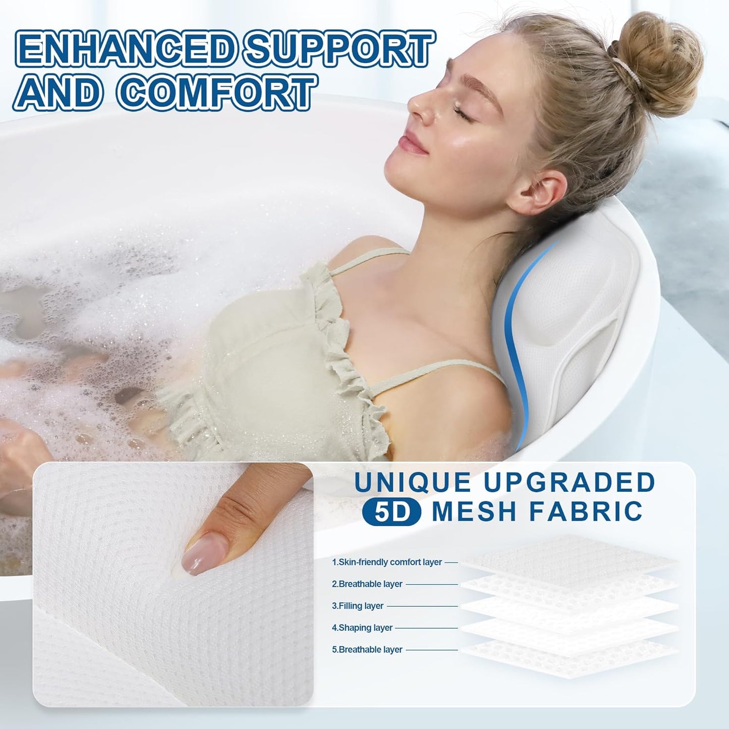 Full Body Bath Pillow for Tub - Extra Long & Thick Tub Pillow with Head, Back & Lumbar Support, 168 Non-Slip Suction Cups, Soft 5D Mesh Spa Cushion, Fits All Tubs-Gift for Soaking