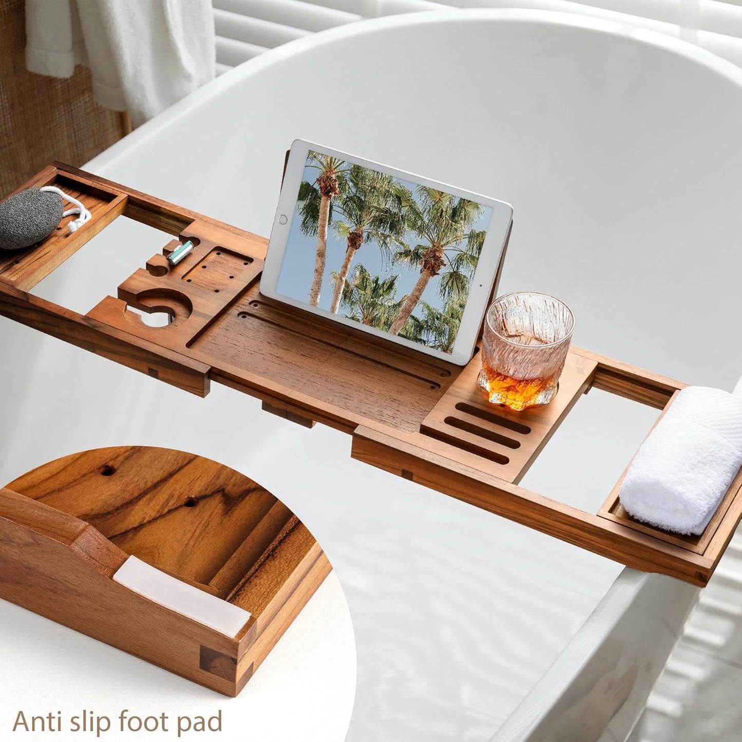 Teak Bathtub Tray | Adjustable Width Tray with Wine Holder, Tablet/Phone & Book Stand, Splash-Proof for Bath Time- Natural