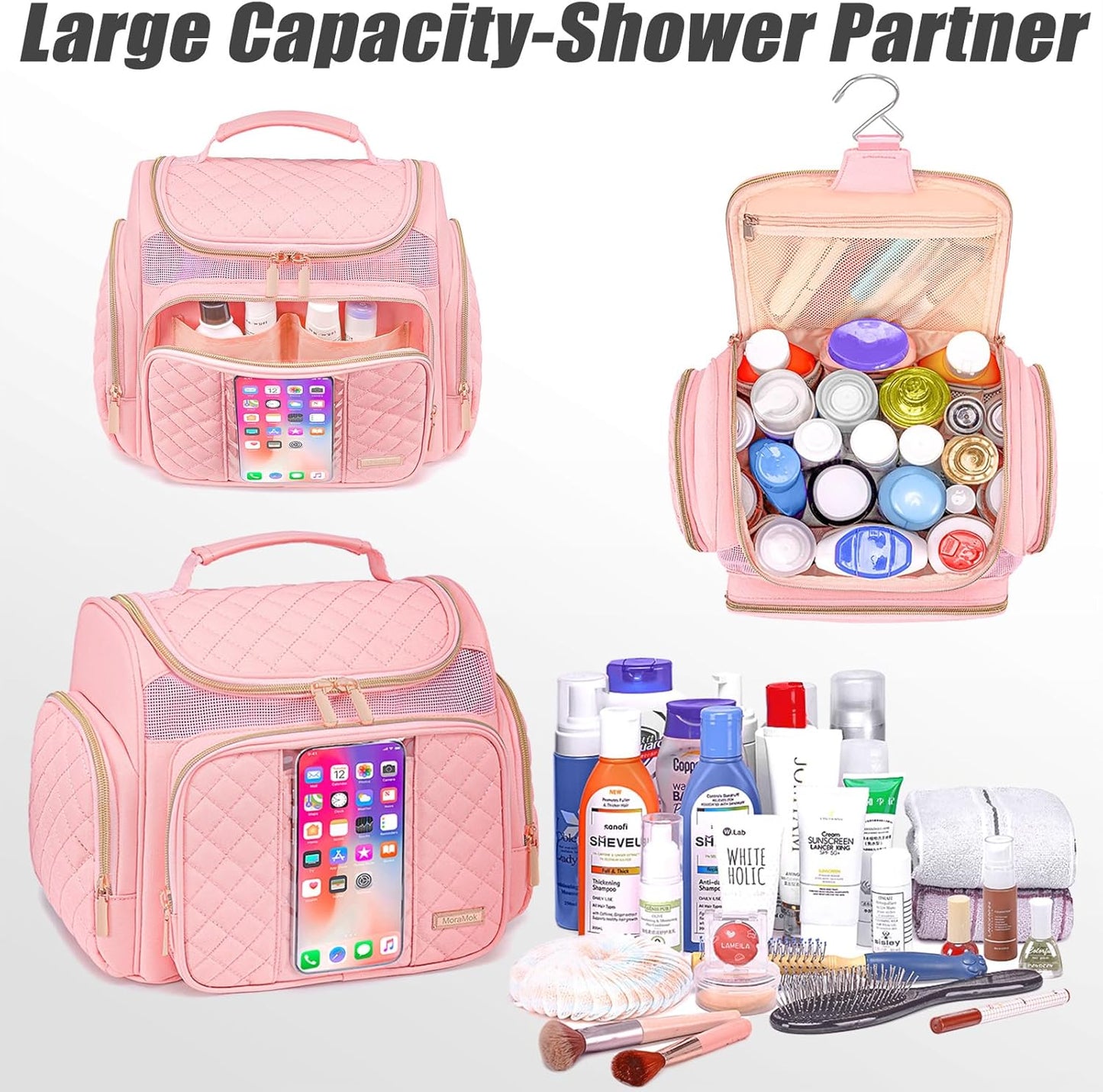 Large Toiletry Bag for Women Men,Bathroom Bag,Water Resistant Makeup Bag,Portable Shower Caddy for College Dorm,Hanging Shower Bag with Transparent Waterproof Phone Pocket