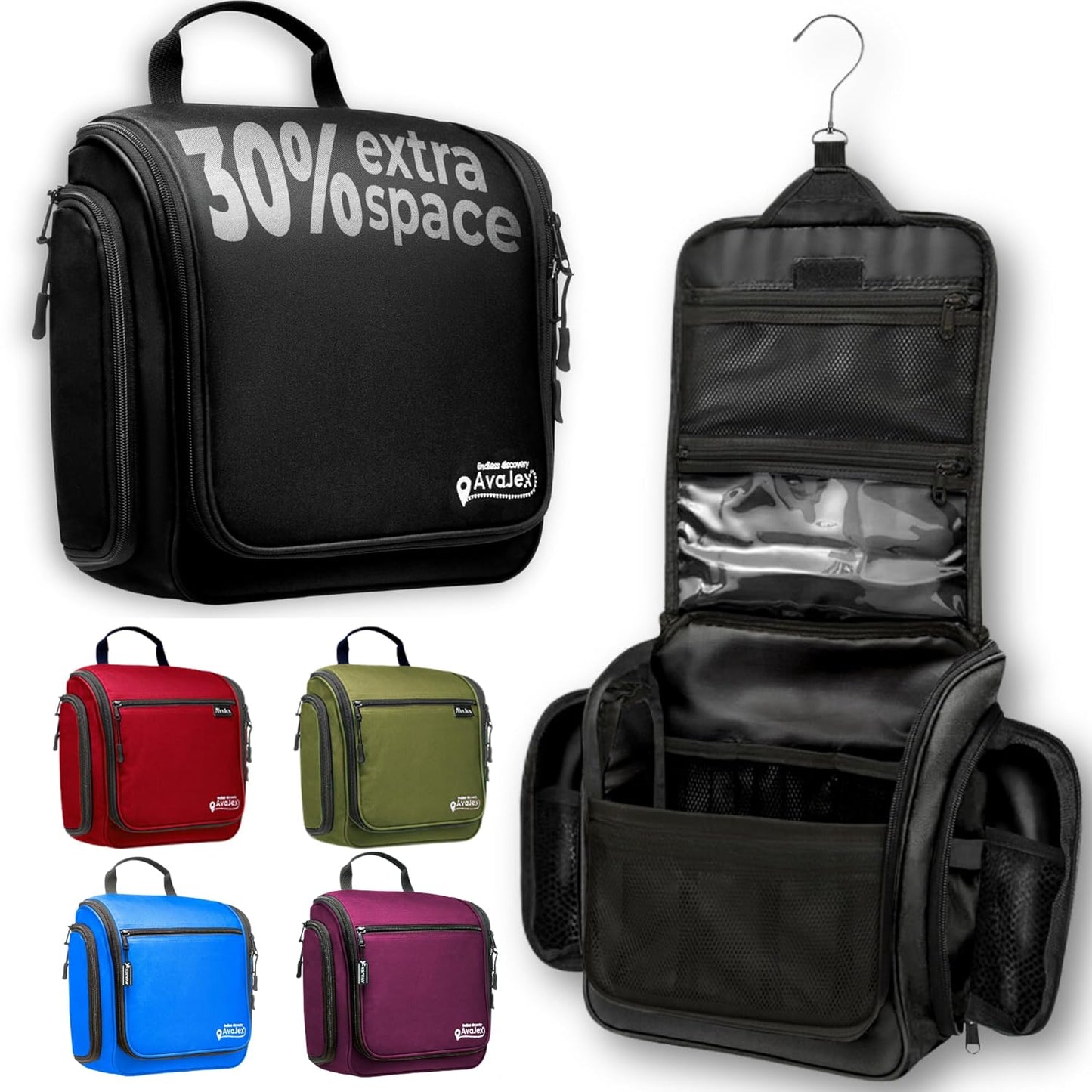 Travel Toiletry Bag for Men and Women - Large Hanging Toiletry Organizer - Waterproof Hygiene Bag with Metal XXL Swivel Hook, with Sturdy Zippers and 19 Compartments for Toiletries, Makeup, Cosmetics