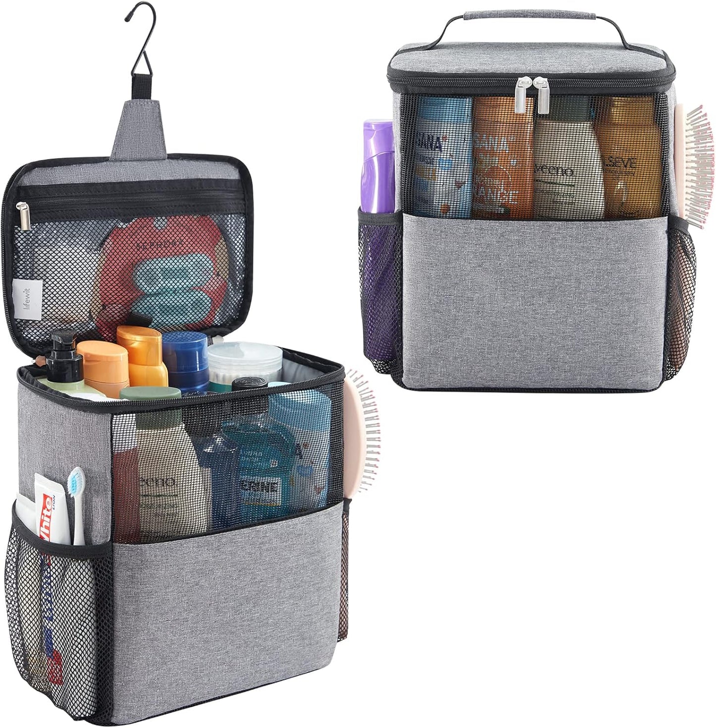 Lifewit Mesh Shower Caddy Bag Portable College Dorm Room Essentials Caddy Tote Basket for Bathroom, Gym, Travel, Camping Quick Dry Hanging Shower Organizer Toiletry Bag for Women Wen, Large, Gray