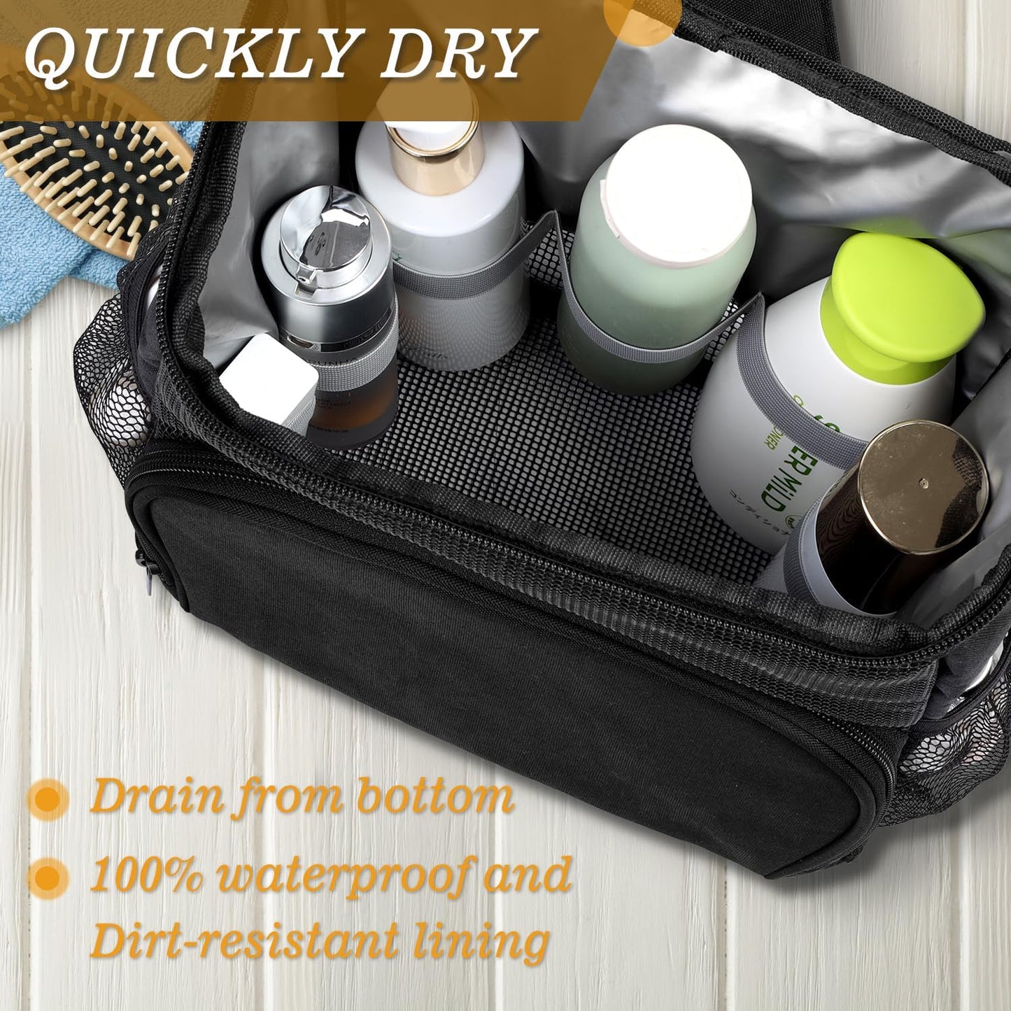 Large Shower Caddy Portable for College Dorm, Hanging Mesh Shower Bag with Hook for Camping Drain from Bottom - Dorm Room Essentials for Guys - Travel Men Women, Black