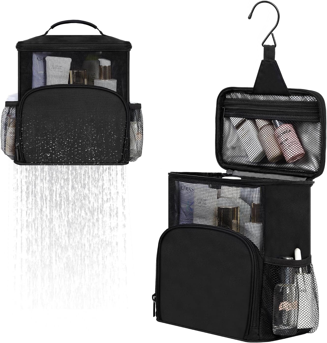 Large Shower Caddy Portable for College Dorm, Hanging Mesh Shower Bag with Hook for Camping Drain from Bottom - Dorm Room Essentials for Guys - Travel Men Women, Black