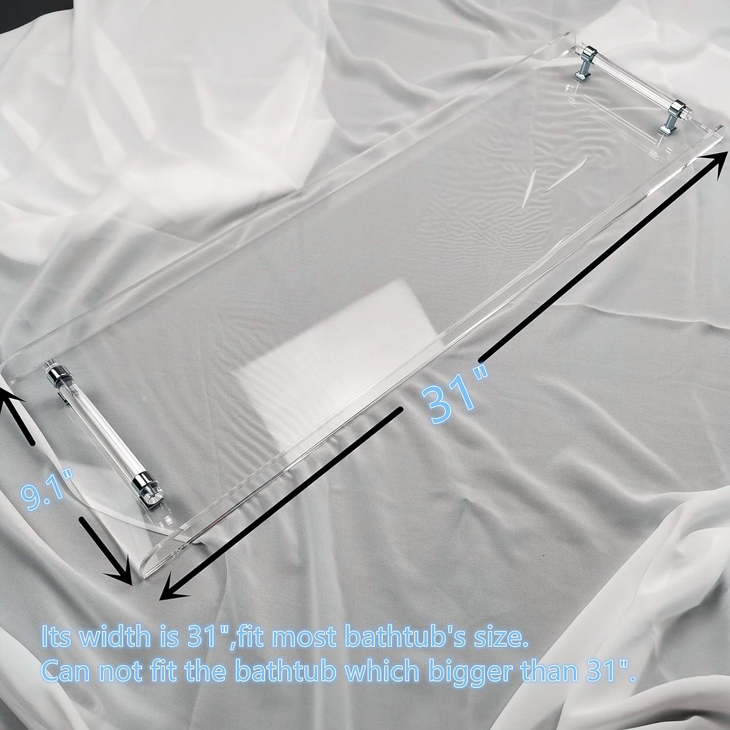31" Silver Handles Luxury Bathtub Tray Caddy for Bath tub Table Tray with Silver Handles for Bathroom Bath Accessories Storage Organizer tub Tray