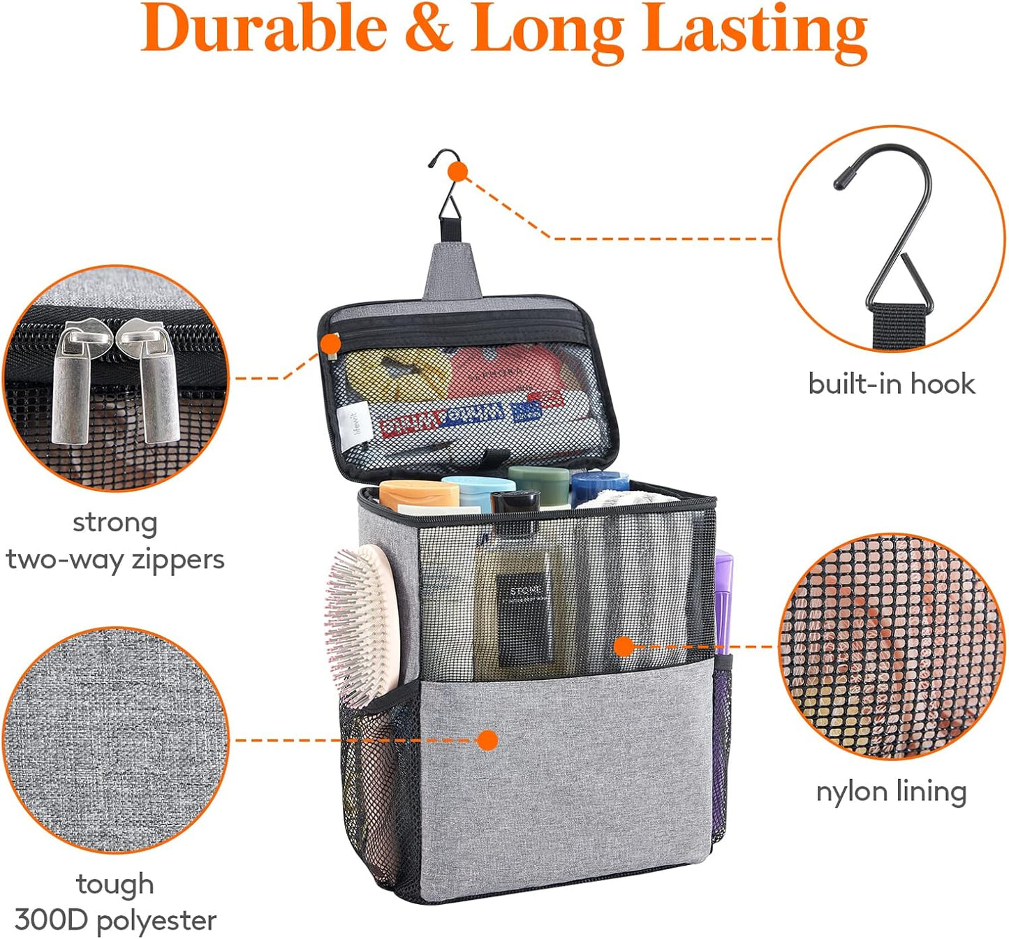 Lifewit Mesh Shower Caddy Bag Portable College Dorm Room Essentials Caddy Tote Basket for Bathroom, Gym, Travel, Camping Quick Dry Hanging Shower Organizer Toiletry Bag for Women Wen, Large, Gray