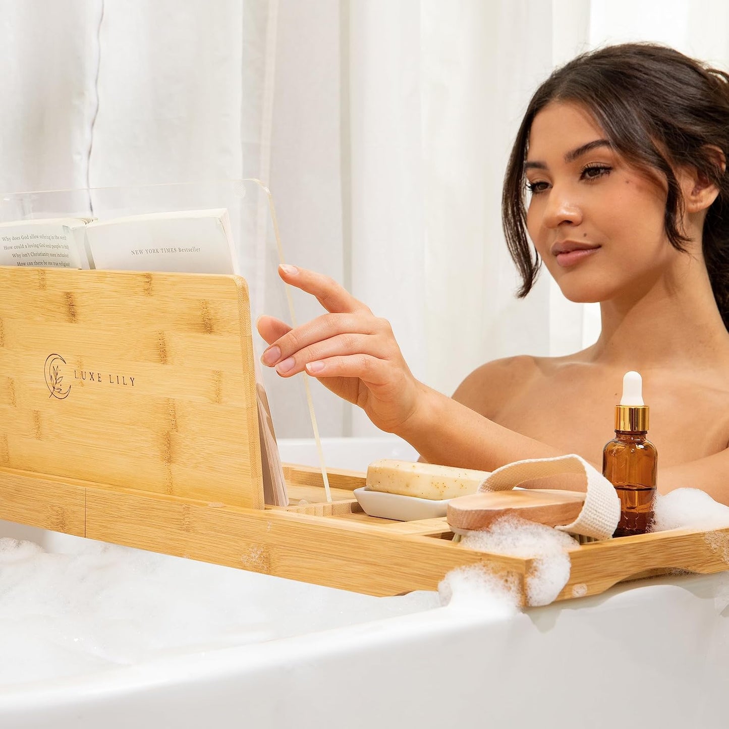 Waterproof Shield Keeps Your Book Open – Extendable Bamboo Bathtub Tray with Wine Glass Holder Protects from Drips and Splashes - Luxury Bath Tub Caddy Tray for Relaxing in The Bathtub