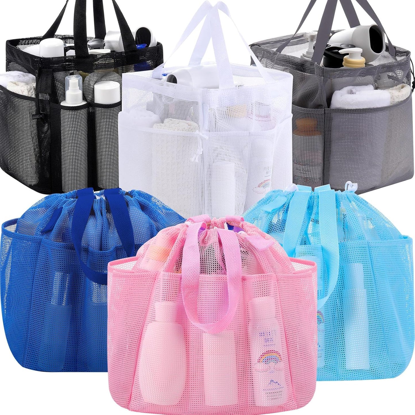 Talltalk 6 Pack Mesh Shower Caddy with Drawstring Portable Shower Caddy Basket Bag Tote with 8 Pockets Quick Dry for College Dorm Room Toiletry Bathroom Essentials Gym Camp Travel(Classic Colors)