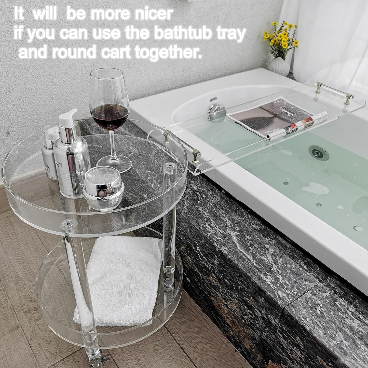 31" Silver Handles Luxury Bathtub Tray Caddy for Bath tub Table Tray with Silver Handles for Bathroom Bath Accessories Storage Organizer tub Tray