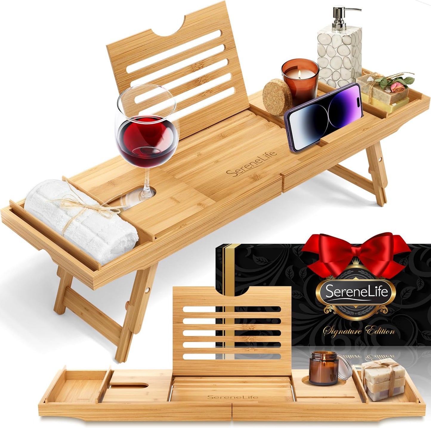 SereneLife Bath Caddy Breakfast Tray Combo - Natural Bamboo Wood Waterproof Tub and Bed with Folding Slide-Out Arms, Device Grooves, Wine Glass Soap Holder